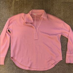 Blu Pepper Pink Waffle Knit Collared Long Sleeve Top